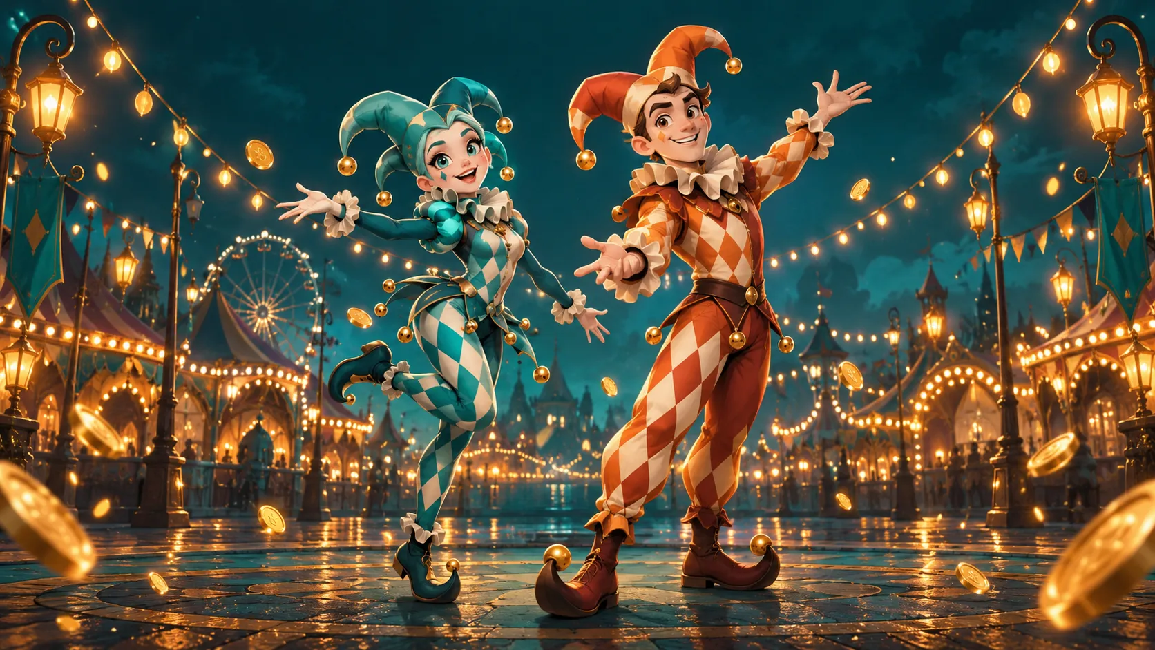 LolaJack Casino jester surrounded by carnival lights and coins